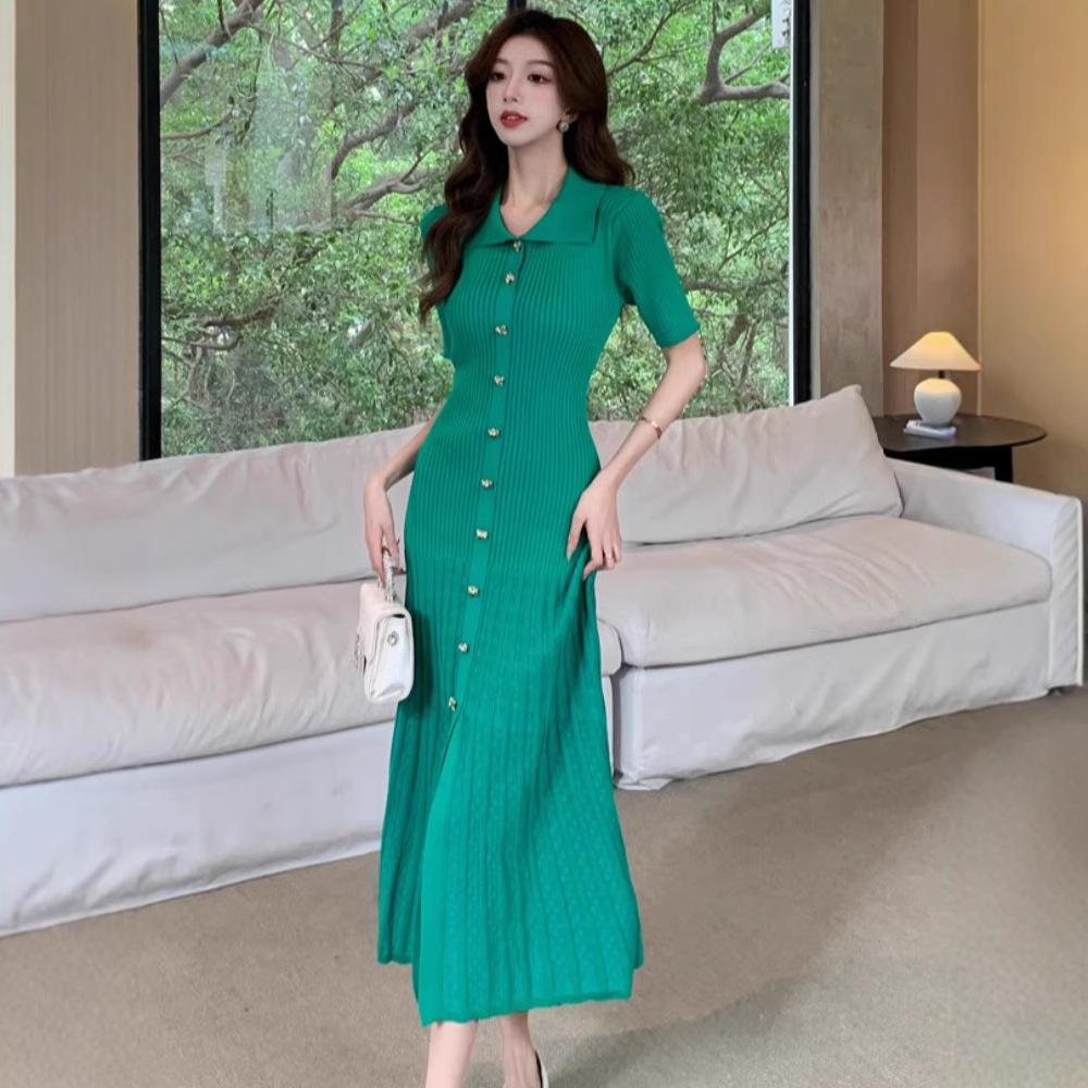 Pleated Fishtail Green Polo Dress: Women's Retro Summer Knit with Slit Design