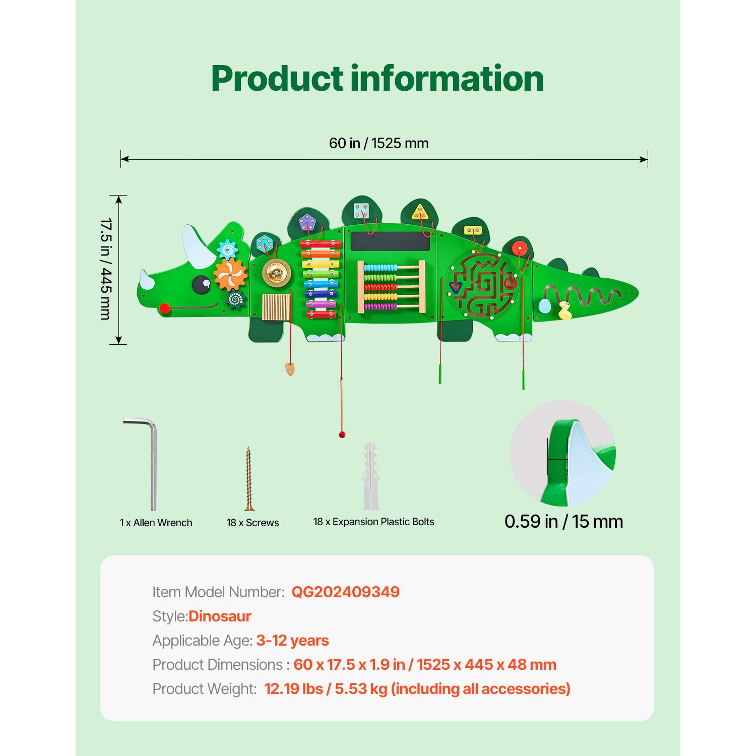 

SucceBuy Dinosaur Kids Busy Wall Board 11 Activity Panels Montessori Sensory Learning Toys for 3-12 Toddler Playroom Toy Gift