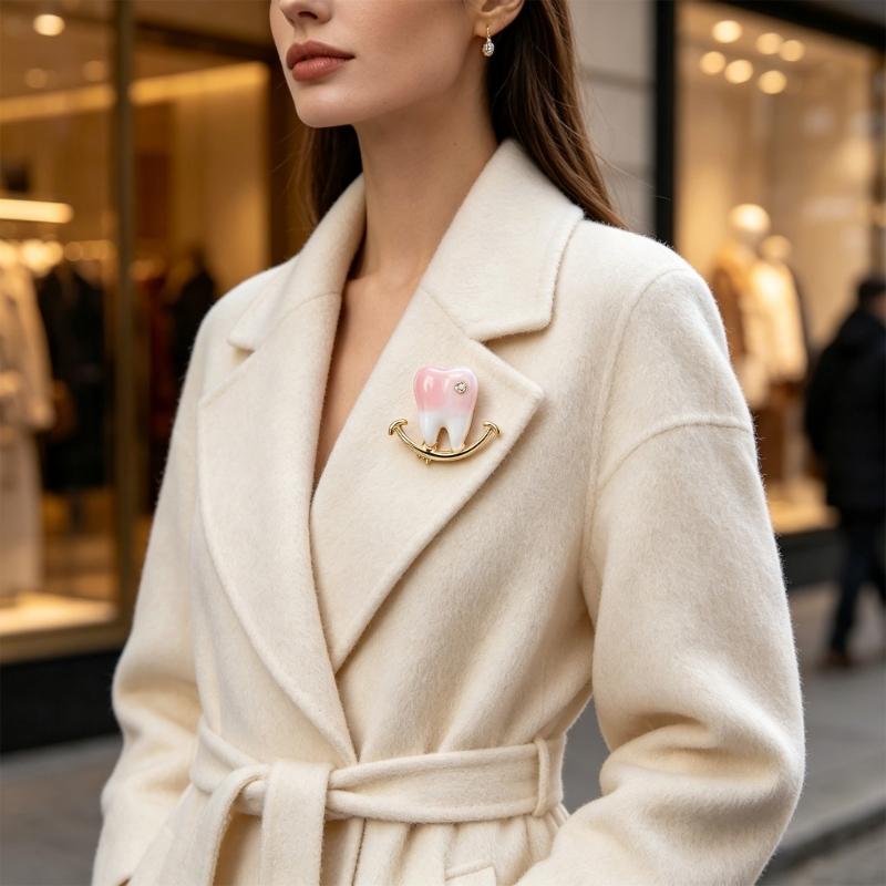 Tooth Brooch Pin Glossy Pink and White Enamel Style Alloy Lapel Accent with Gold Tone Outline, Pin Back Accessory for Jackets Collars and Bags