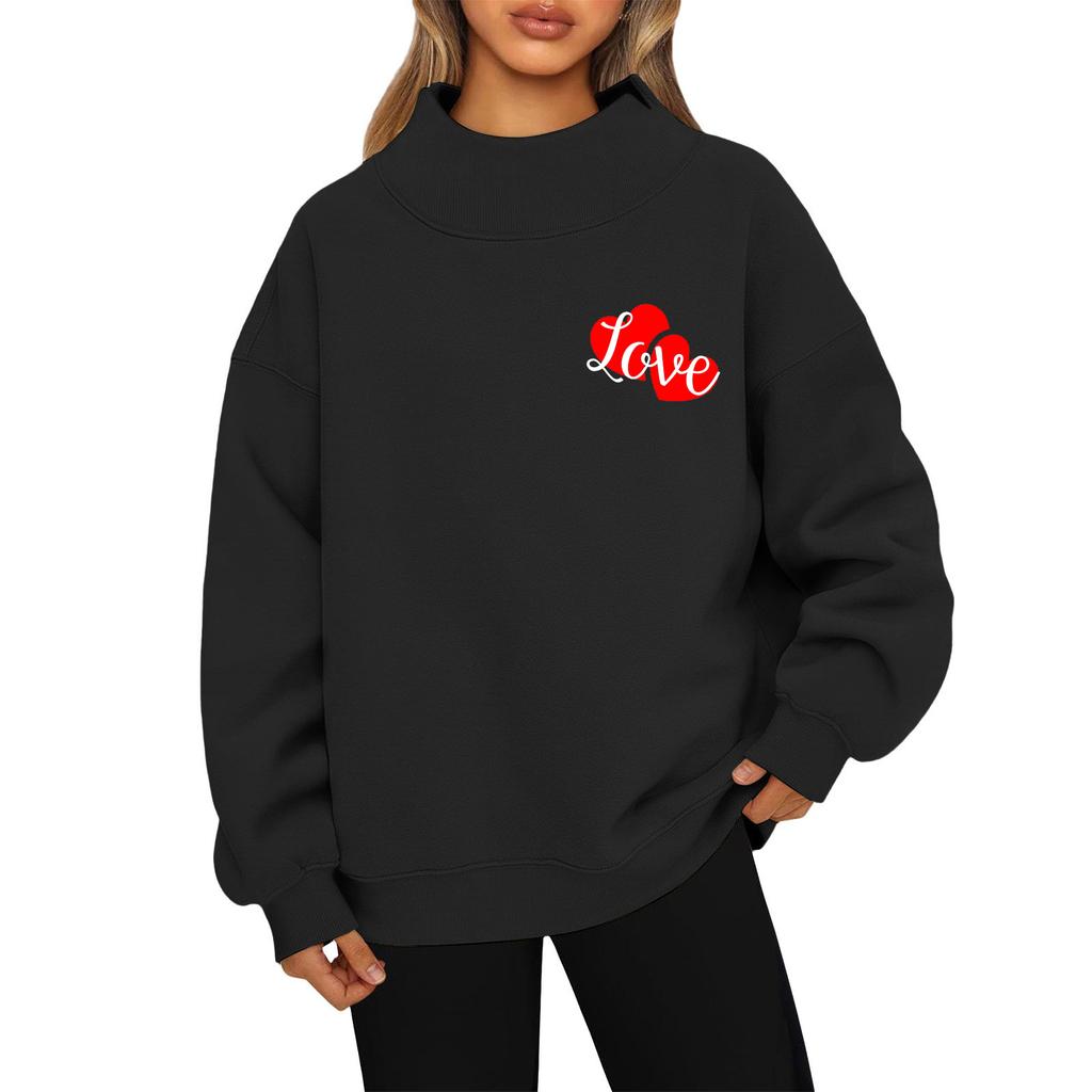 Women's Valentine's Day Print Fashion Loose High-Collar Long Sleeve Solid Color Sweatshirt Pullover