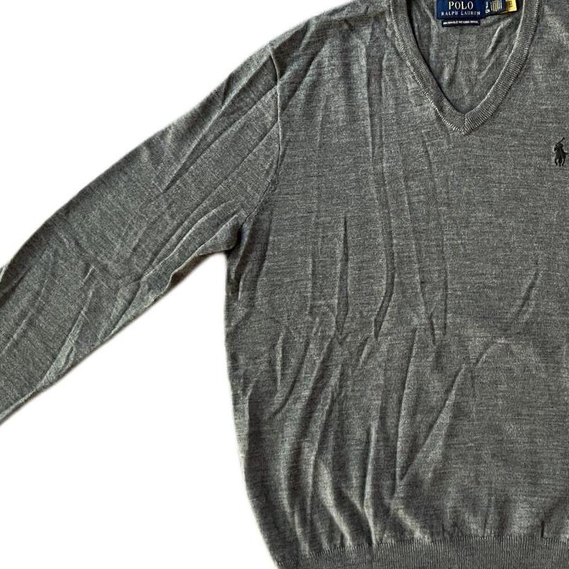 Polo Ralph Lauren FW23 Solid Logo Embroidered V-Neck Pullover Sweater Men Sweater Gray 710883124-005