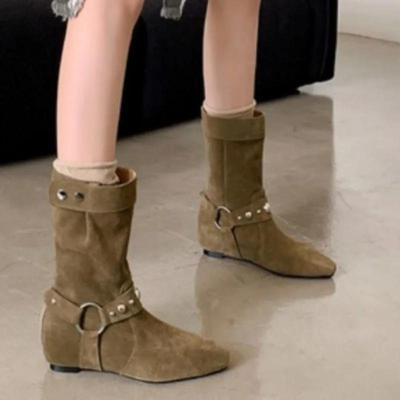 2024 Suede Women's Ankle Boots Low Heel Rivets Women's Shoes Winter New Women's Fashion Show Classic Ankle Boots Botas Mujer