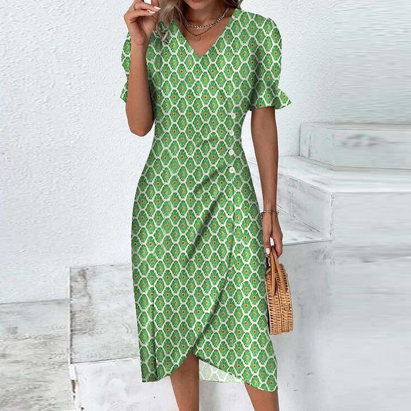 Vestito da ufficio vintage slim boho elegante con stampa floreale, maniche a sbuffo, abito da festa da donna, scollo a V, bottoni drappeggiati, irregolare, a trapezio