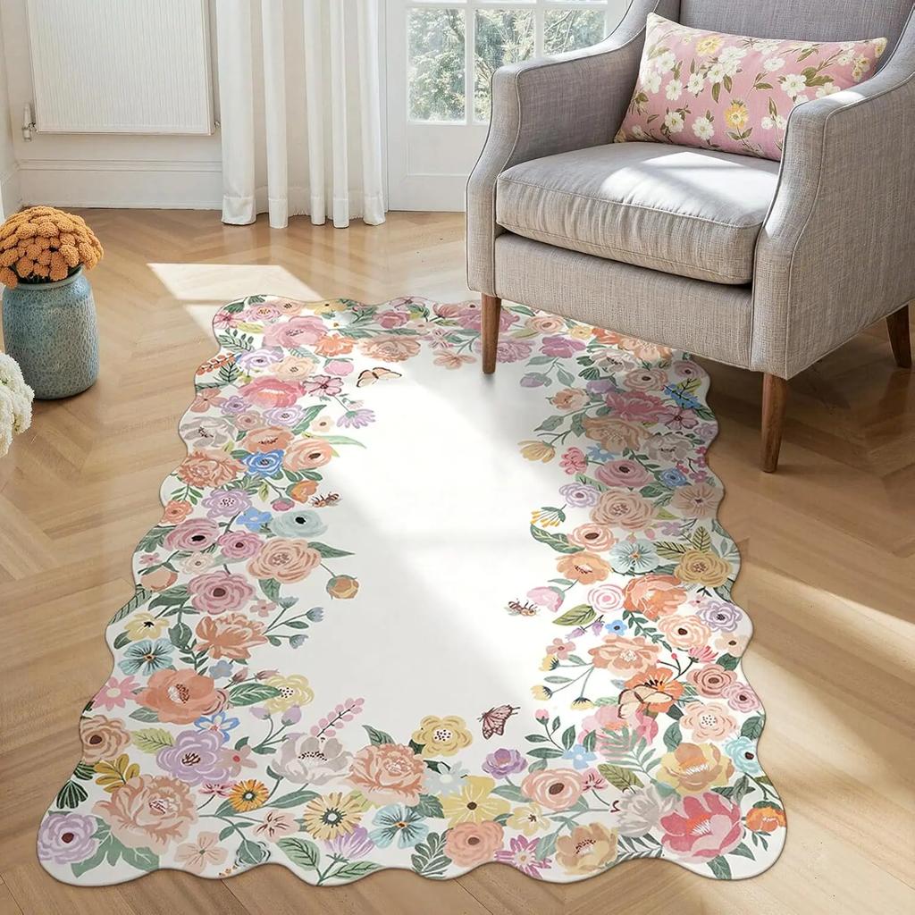 Floral Camellia Round Rug – Soft Washable Non-Slip Carpet for Bedroom, Living Room  Nursery Decor
