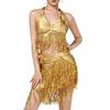 Women's Belly Dance Outfits Latin Dance Costume Sequins Fringe Skirt and Halter Bra Crop Top for Rave Cabaret Party