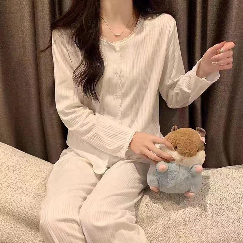 Korean Style Sweet Pajama Set for Girls: Cardigan Long Sleeve with Chest Pads, Wear Outside, Spring/Autumn Casual.