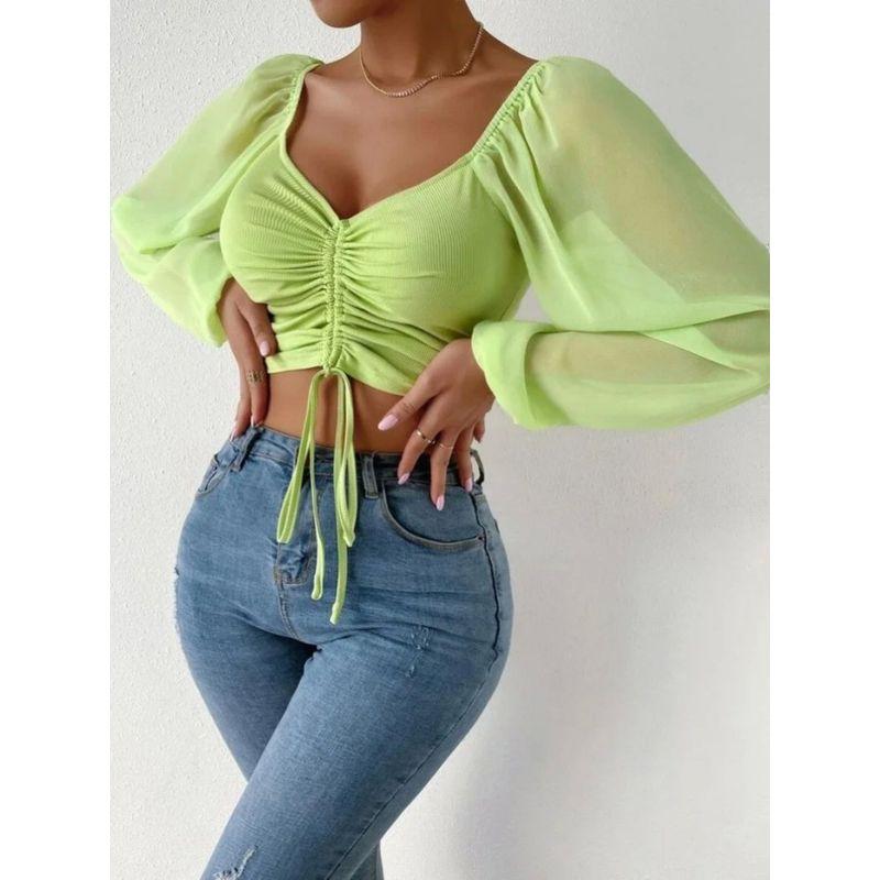 V-neck Drawstring Lantern Sleeve Top Low Cut V-neck Drawstring Bishop Sleeves Top