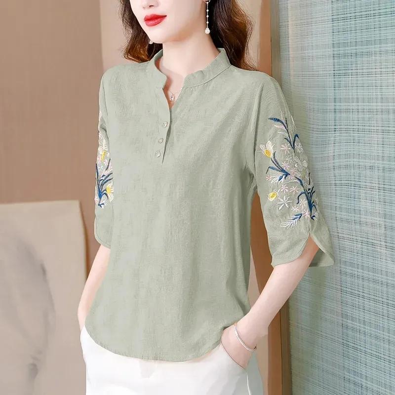 Women's Shirt Spring Summer Middle Aged Mother V-neck Leisure Ladies Shirt  Fashion Ethnic Style Elegant Lady Blouse