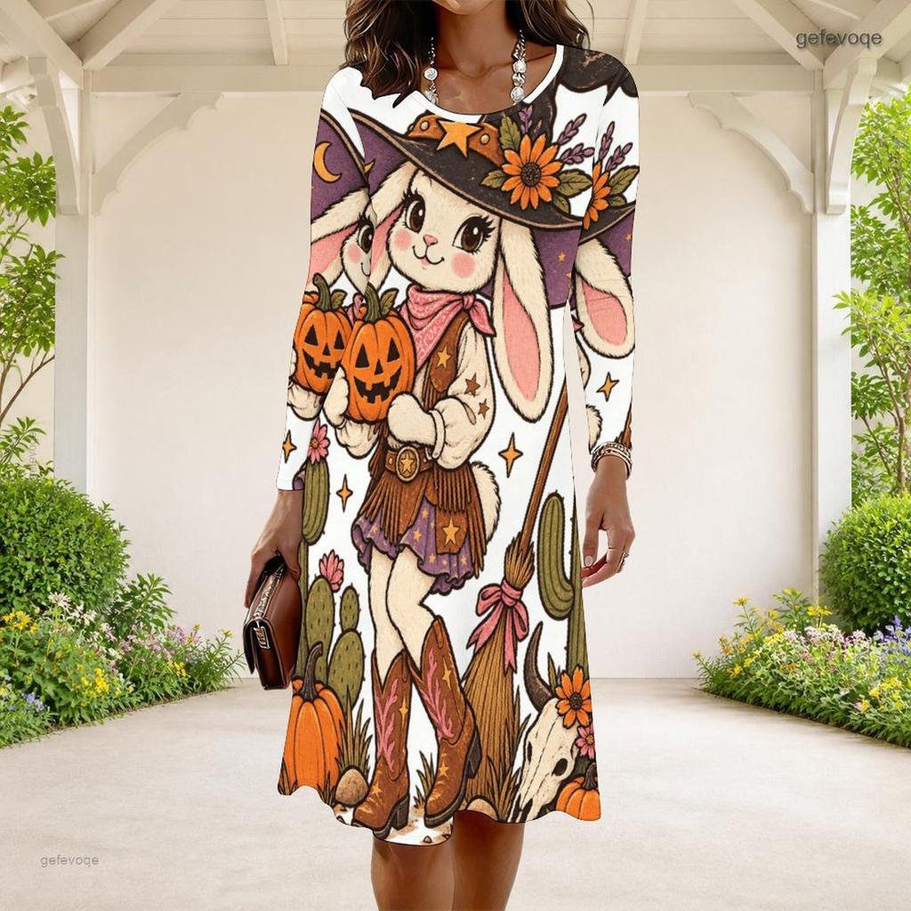 Women Plus Size Round Neck Long Sleeve A Line Flared Dress White Halloween Ghost Pumpkin Printed