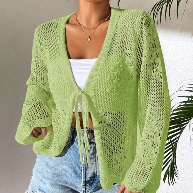 Cross-border Amazon Europe and America Hollow Summer Knitted Cardigan Women's Beach Knitted Sweater Long-sleeved Bow Knitted Cardigan