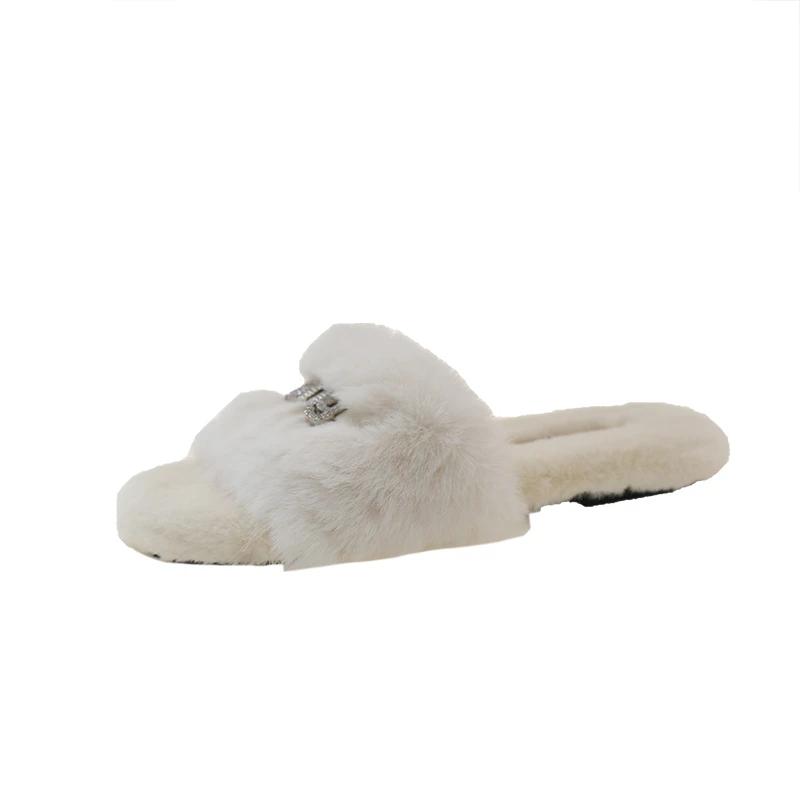 Letní Nové Teplé a Nadýchané Dámské Pantofle, Pohodlné Umělé Kožešinové Domácí Protiskluzové Dámské Žabky Plus Size 35-42