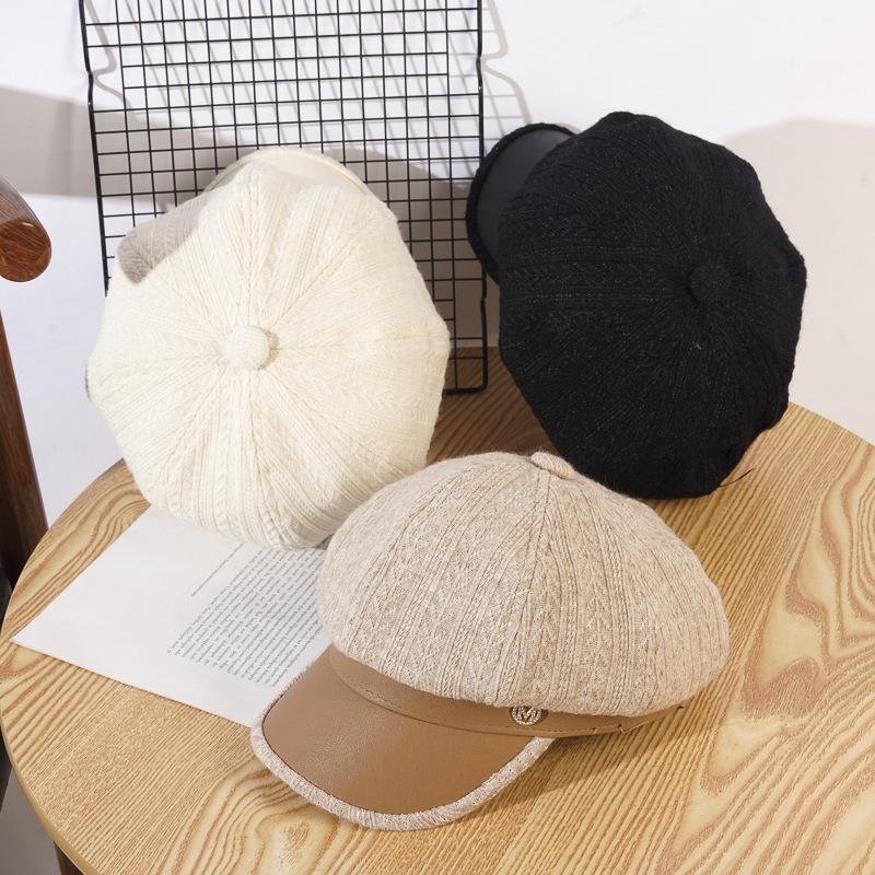 New Hat for Women In Spring  Autumn and Winter Leather Octagonal Hat Korean Version Beret Painter Hat Versatile Baseball Cap