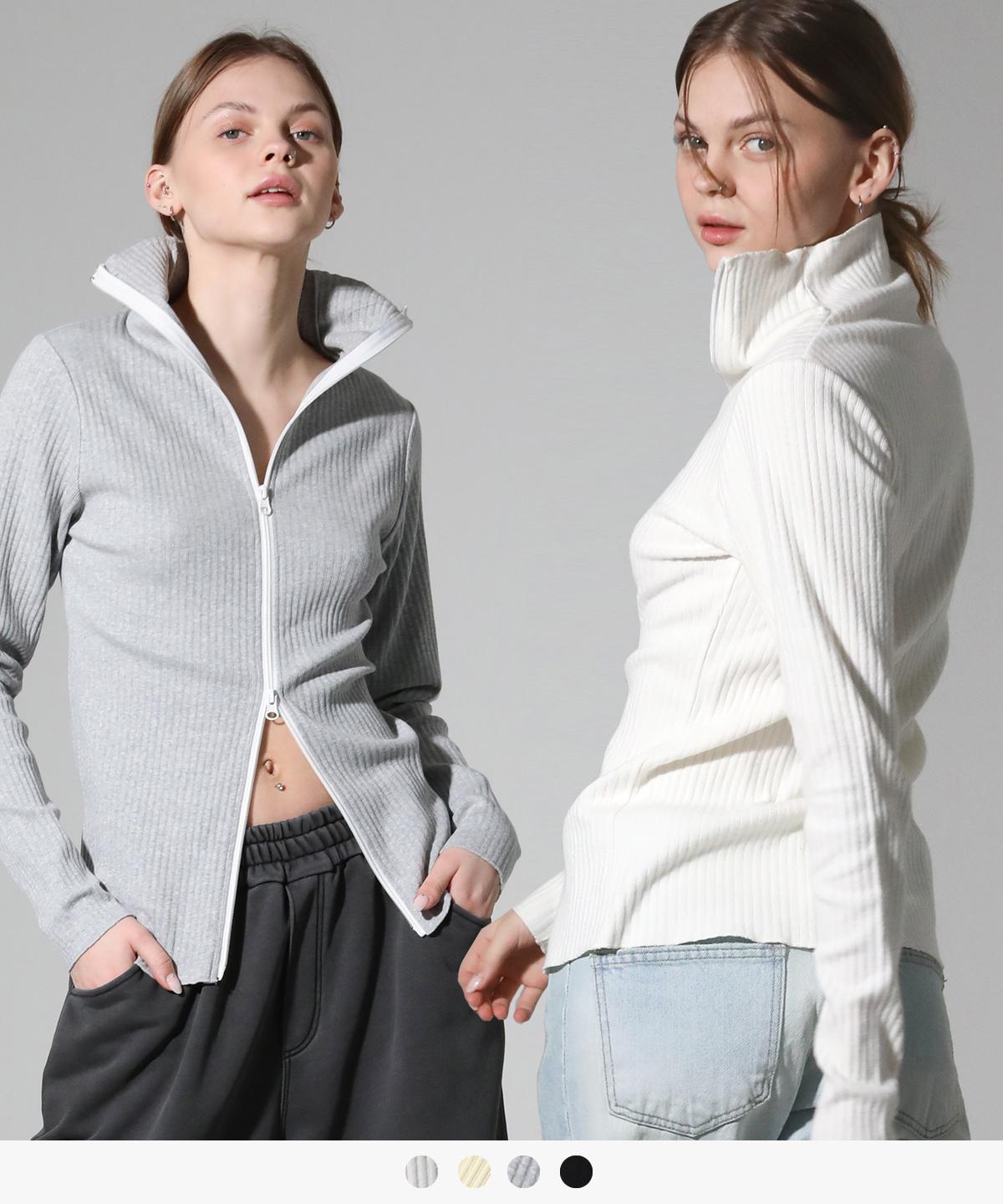 Limnic High-Neck Two-Way Zip-Up Ribbed Knit Top [White] White/S