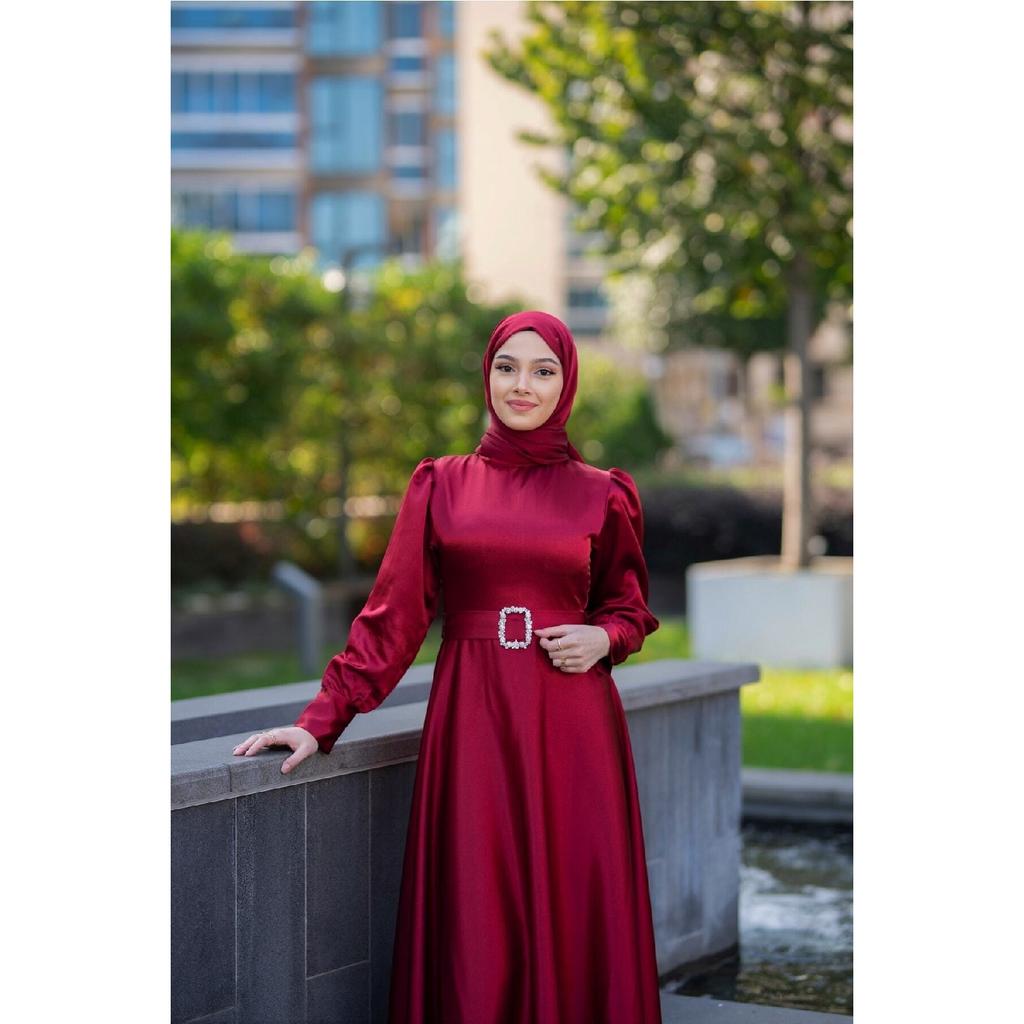 Women's Black Satin Belted Bellae Dress