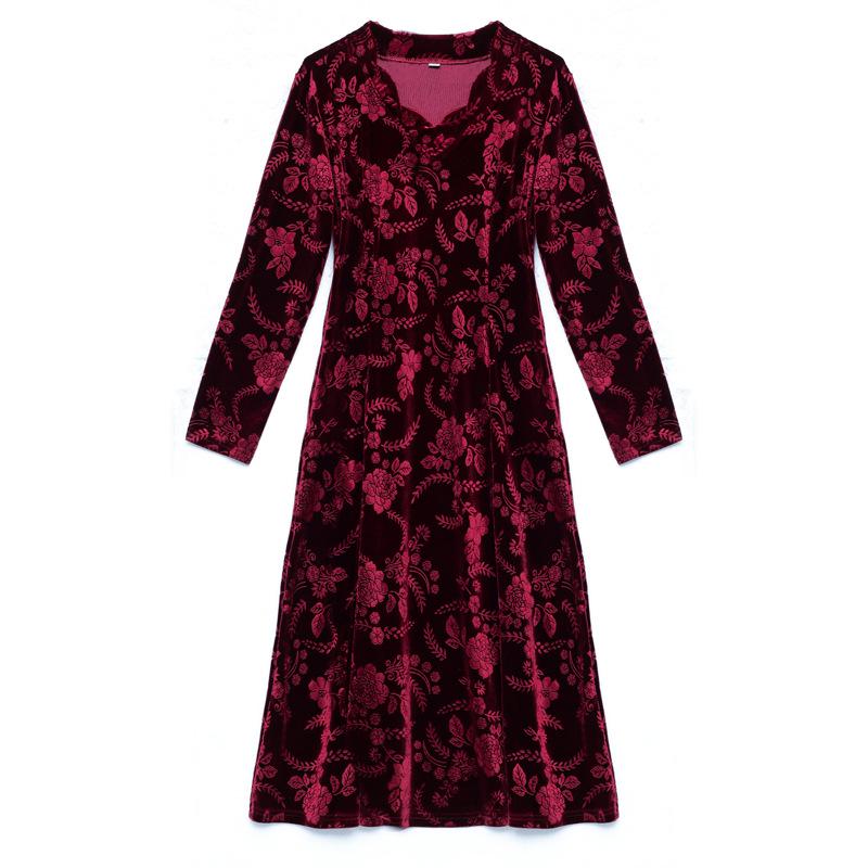Plus Size Gold Velvet Mid-Length Dress - 2024 Autumn Style for Middle-Aged and Elderly Women