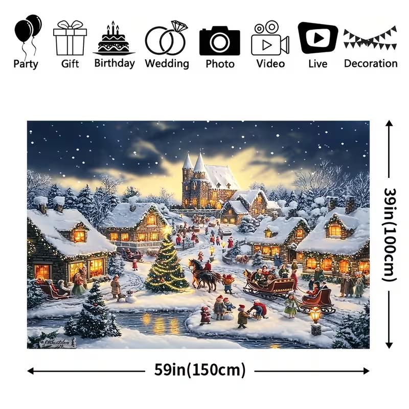 2D Cozy Winter Christmas Backdrop, Snow-Covered Village with Lights & Holiday Activities