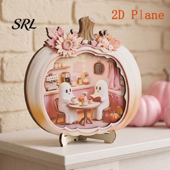 Indoor Fall Seasonal Ornament Halloween Ghost Pumpkin Wooden Plaque, 2D Flat Tabletop Sign, Desktop Festive Home Accessory Spooky Bathing Reading for