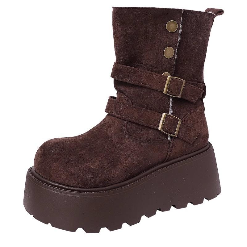 Skinny Martin Boots Women's 2025 Autumn and Winter New European Station Round Head Sewing Line Heightened Mid-heel Fashion Boots Look Thin