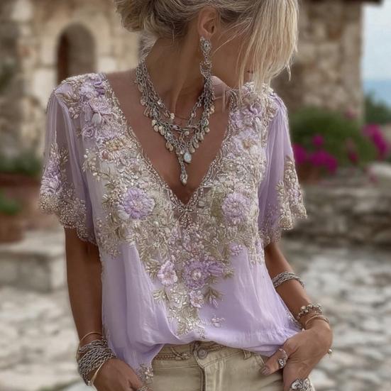 Women T-shirt V-Neck Short Sleeve 3D Imitation Jacquard Flower Decor Pullover Tops Loose Fit Summer Blouse Daily Wear