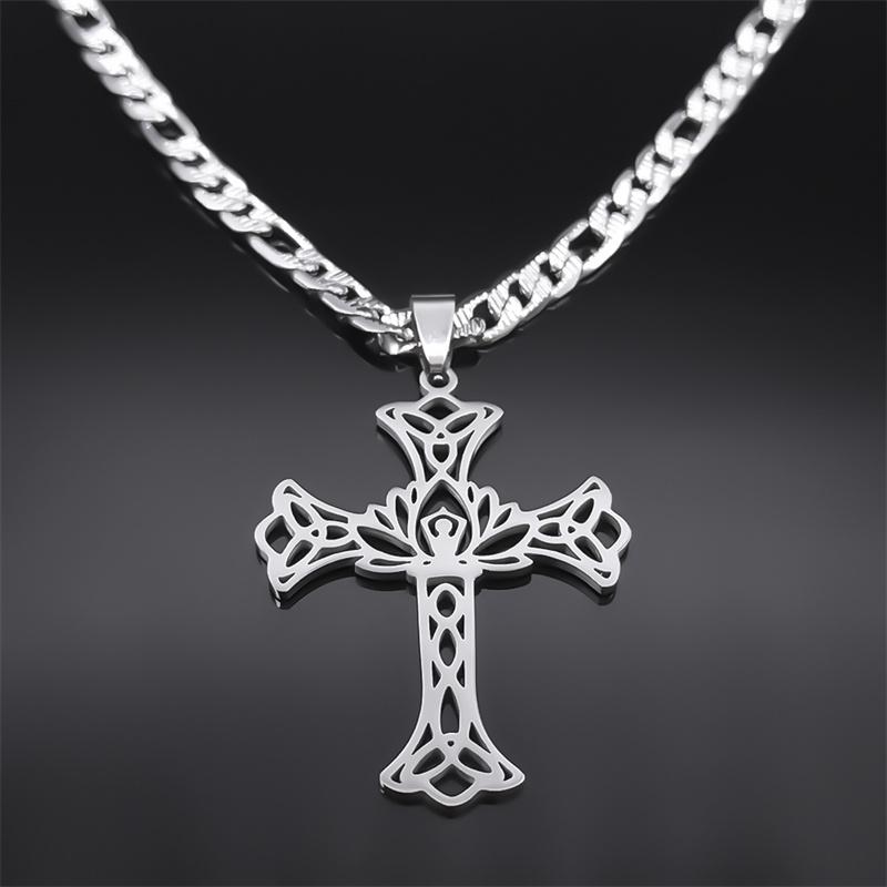 Creative Cross Pendant Men Necklace Stainless Steel Yoga Lotus Triquetra Hip Hop Cuban Link Chain Hollow Necklaces Jewelry N9748