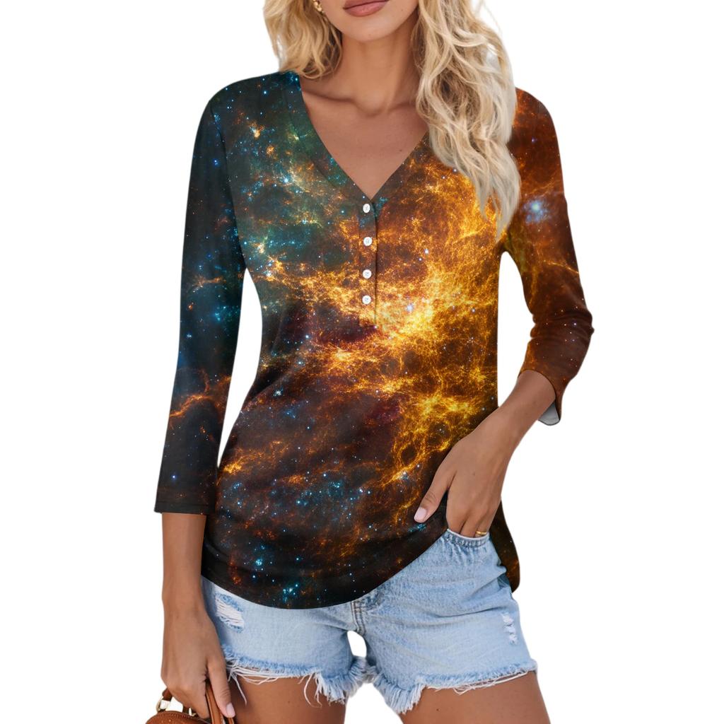 Women's Casual Fashion Sexy Comfortable Christmas Print V-Neck Button Three-quarter Sleeve Top