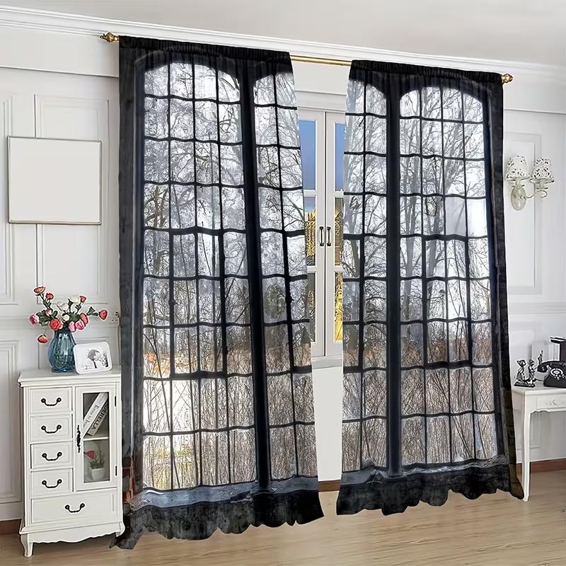 Vintage Window View Curtains Retro Literary Style Suitable Bedrooms Living Rooms Decorative Curtain With Rod Pocket Polyester Ideal For Area