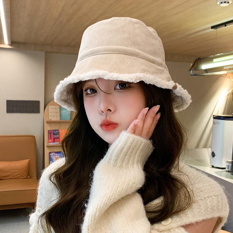 Lamb Wool Fisherman Hat   Autumn and Winter Double Sided Basin Hat Fashionable and Versatile Plush Bucket Hat Warm and Cold Proof Hat