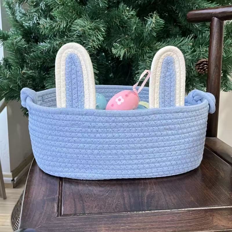 Cotton Rope Basket With Bunny Handle For Diy Easter Craft Storage Organizer For Home Decor