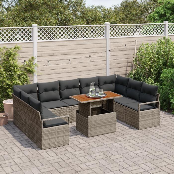 Ensemble de Canapé de Jardin 10 pièces avec Coussins Gris Poly Rattan Acacia, Canapé de Jardin 2 places avec Coussins Gris 3349754
