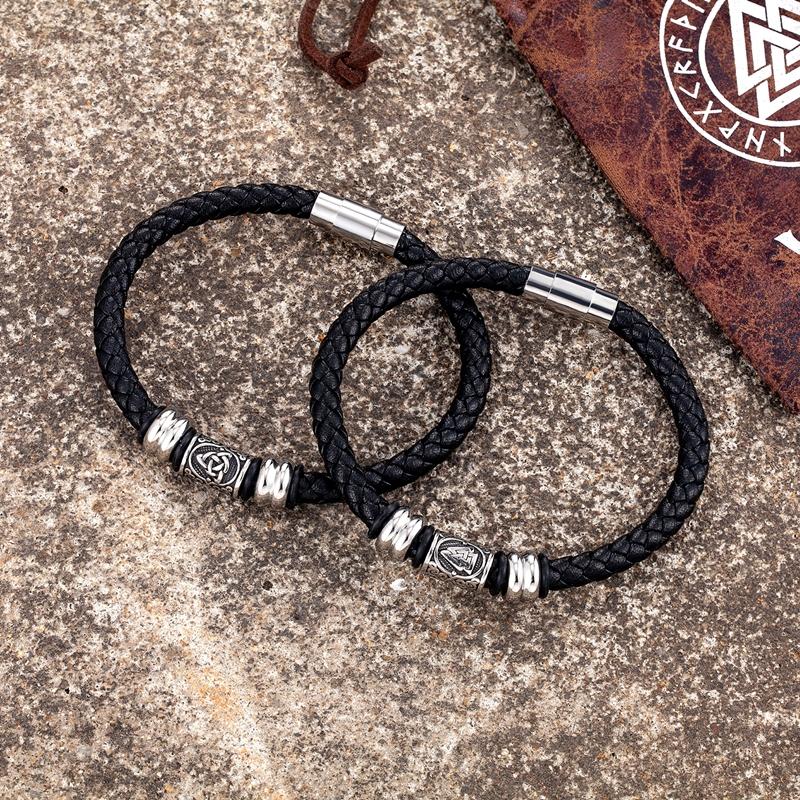 Viking Bracelet Men Genuine Leather Norse Runes Amulet Viking Compass Wristband Norse Mythology Jewelry Gifts for Him