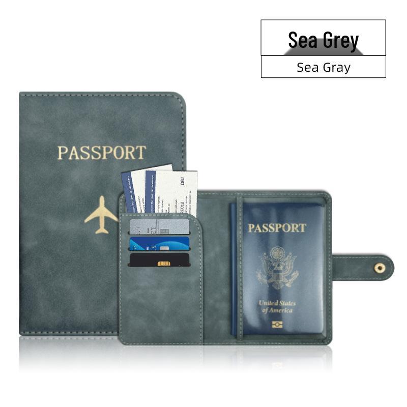Leather Passport Holder with Airplane Buckle & Multi-Card Slots - PU Passport Protection Set