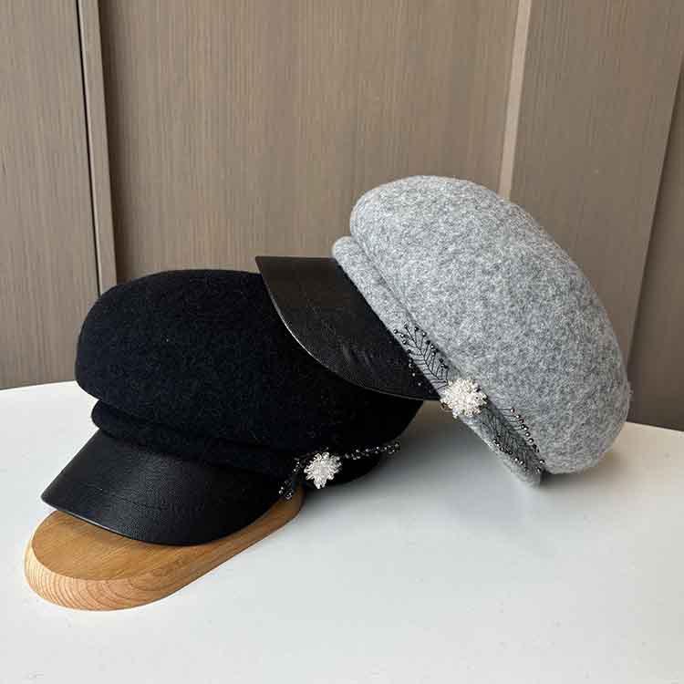 Autumn and Winter Wool Octagonal Hat Femininity Beret Short Brim Leather Cap British Style Newsboy Hat Tide