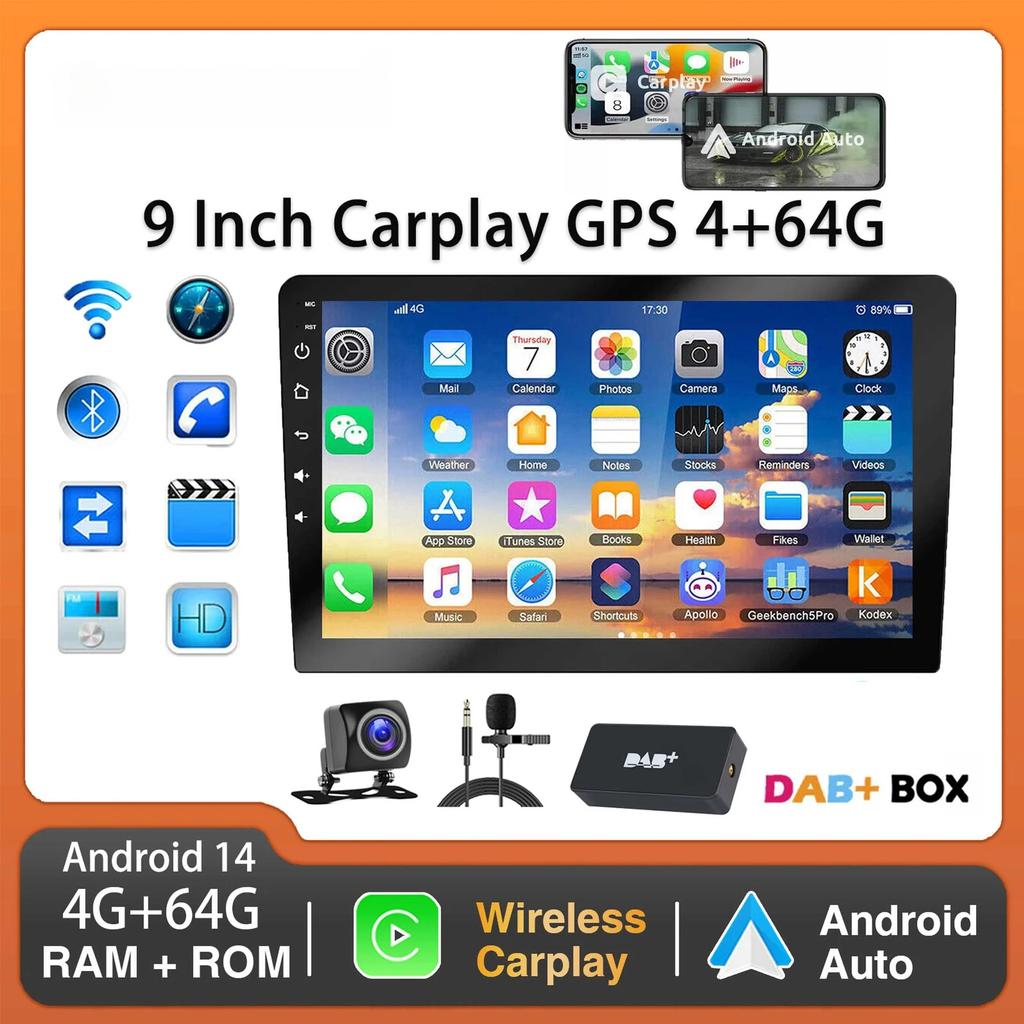 9Inch 2 DIN Car Stereo Radio Wirless Carplay Android Auto Car Stereo Bluetooth 64G GPS Navigation RDS WiFi USB FM DAB+CAM