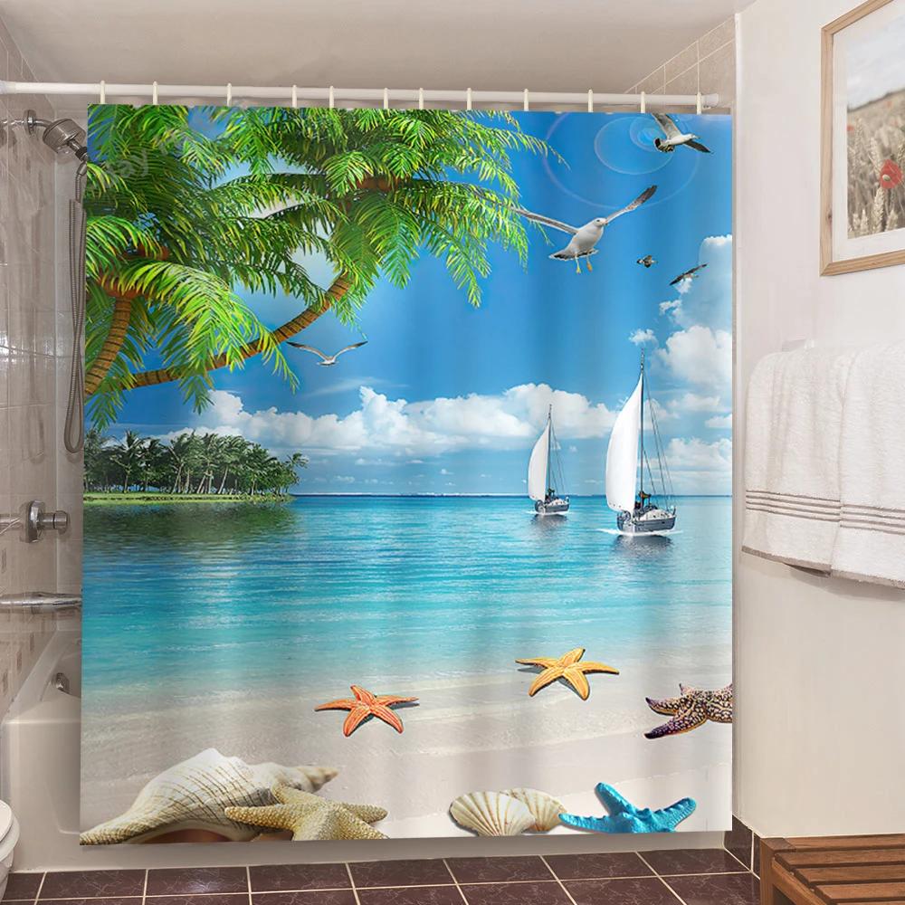 Seaside Sea Beach Sea Wave Coconut Tree Shower Curtains Bathroom Curtain Fabric Waterproof Polyester Bath Curtain With Hooks