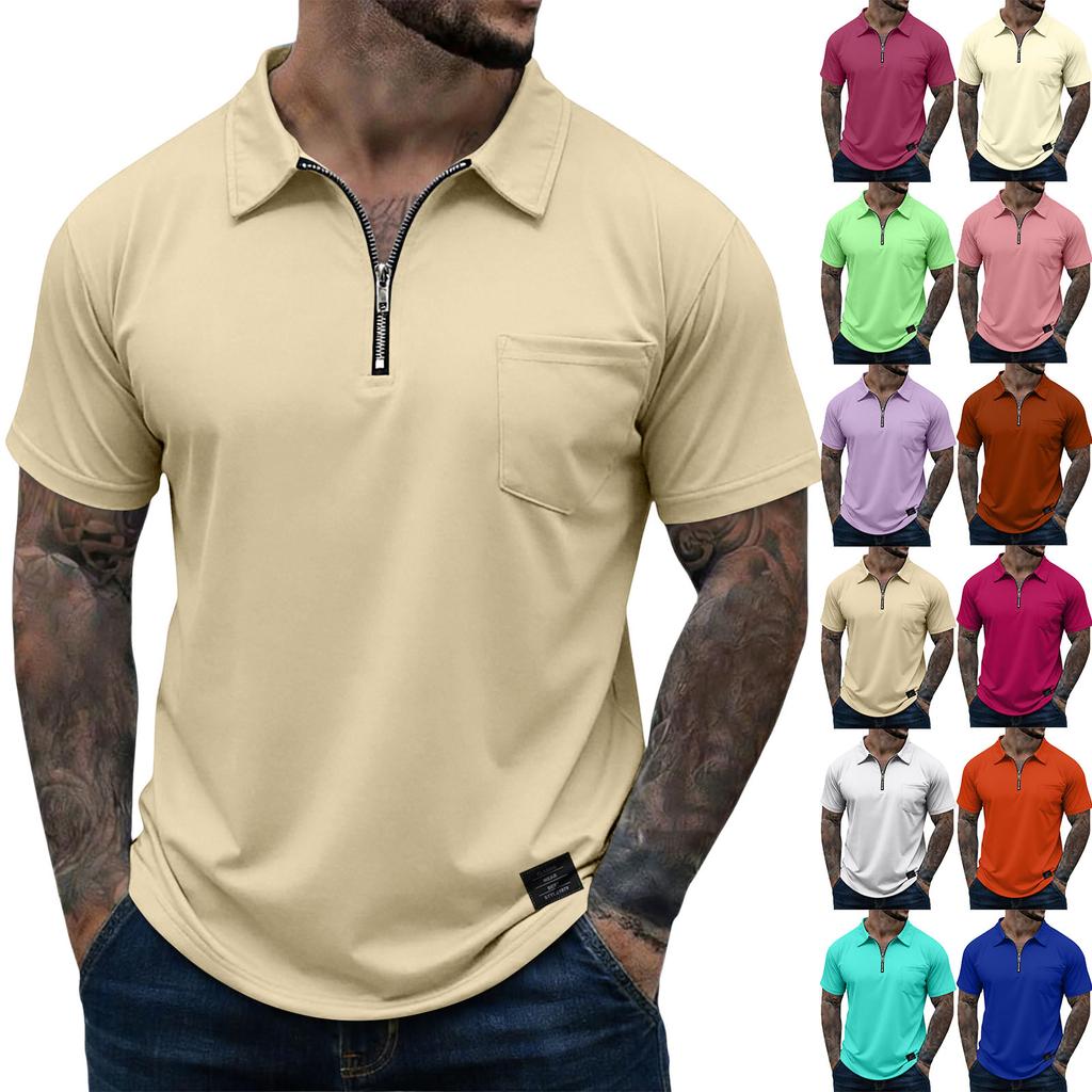 Men's Casual Zipper Collar Lightweight Breathable Short-Sleeve Top