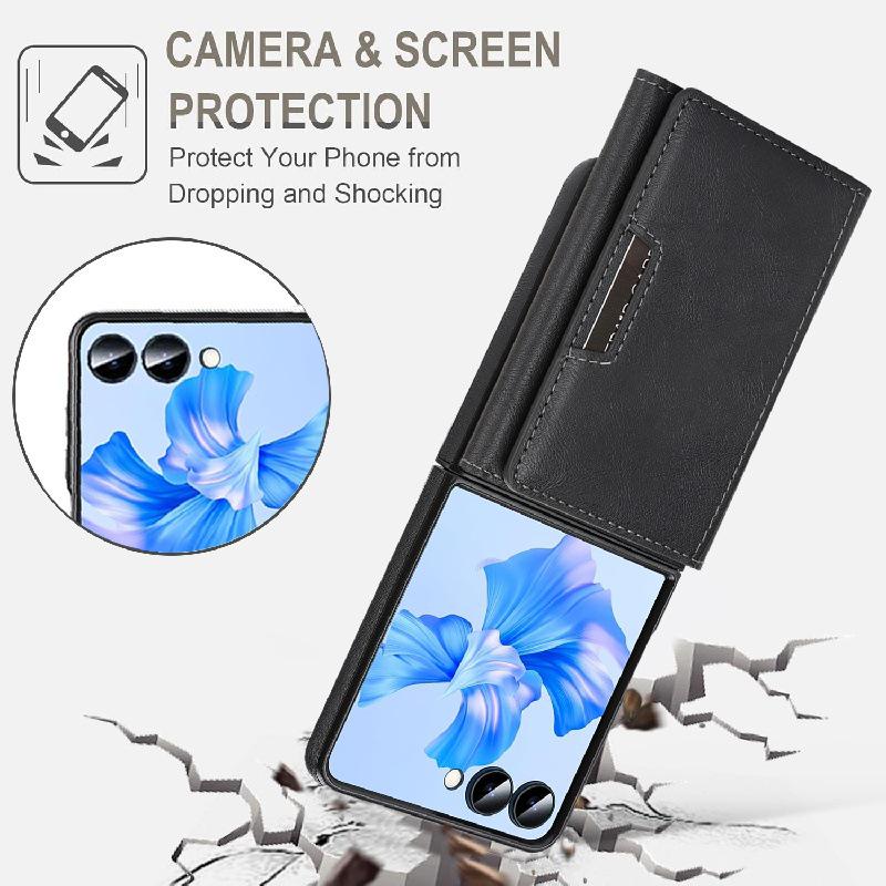 Samsung Z Flip7 Wireless Charging Phone Case with Magnetic Tri-fold Card Holder, Leather Sticker, Velvet Inner, 6-Level Protection.