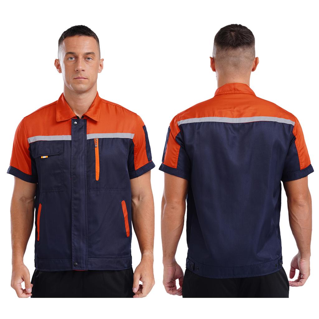 Camicia da Lavoro ad Alta Visibilità da Uomo Manica Corta con Strisce Riflettenti Giacca con Zip e Tasche M-3XL