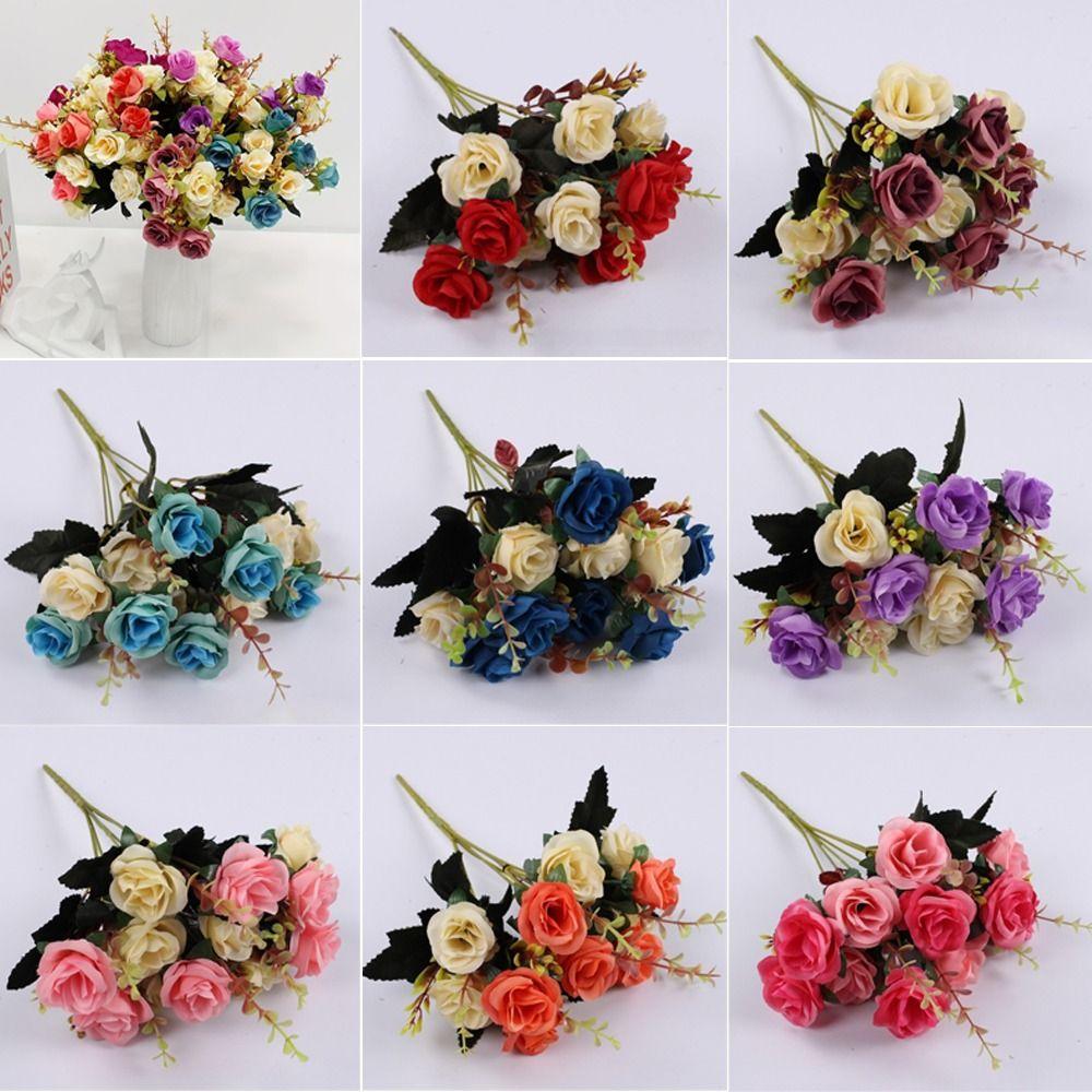 Creative 12 Heads Rose Artificial Flowers Simulation with Stems Faux Roses Flower Bouquets Two Color Bouquet Wedding Decoration