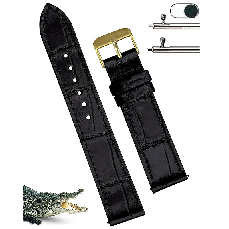 

[vinacreations] 22mm black crocodile leather watch strap quick release spring bar Thin Crocodile leather replacement watch band wrist with gold buckle
