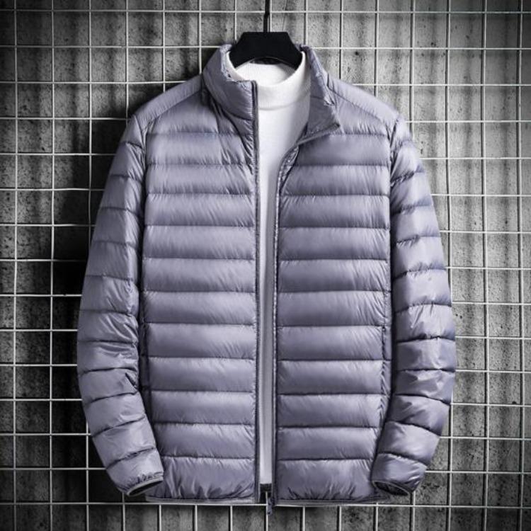 Lightweight Quilted Down Cotton Jacket for Men Stand Collar Long Sleeve Zipper Closure with Side Pockets