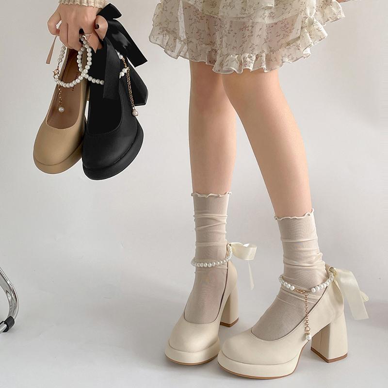 Butterfly-knot Thick Heel Women Mary Jane Shoes Fashion Pearl Ankle Strap Shoes Ladies Outdoor Dress Pumps