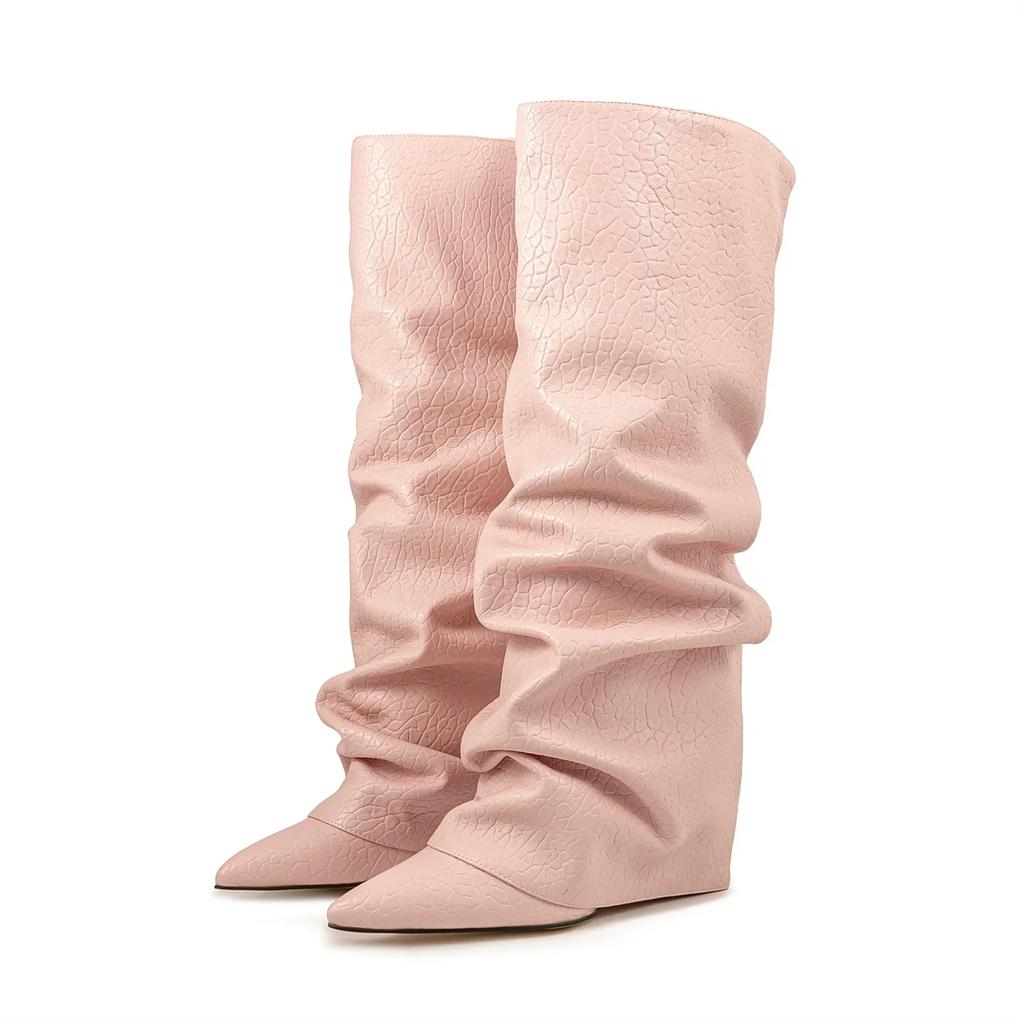 Krokodilmuster Damen High Boots Spitzschuh Leopardenmuster Keilschuhe Retro Schlupf-Muster Ärmel Kniehoch Plissee Stiefel