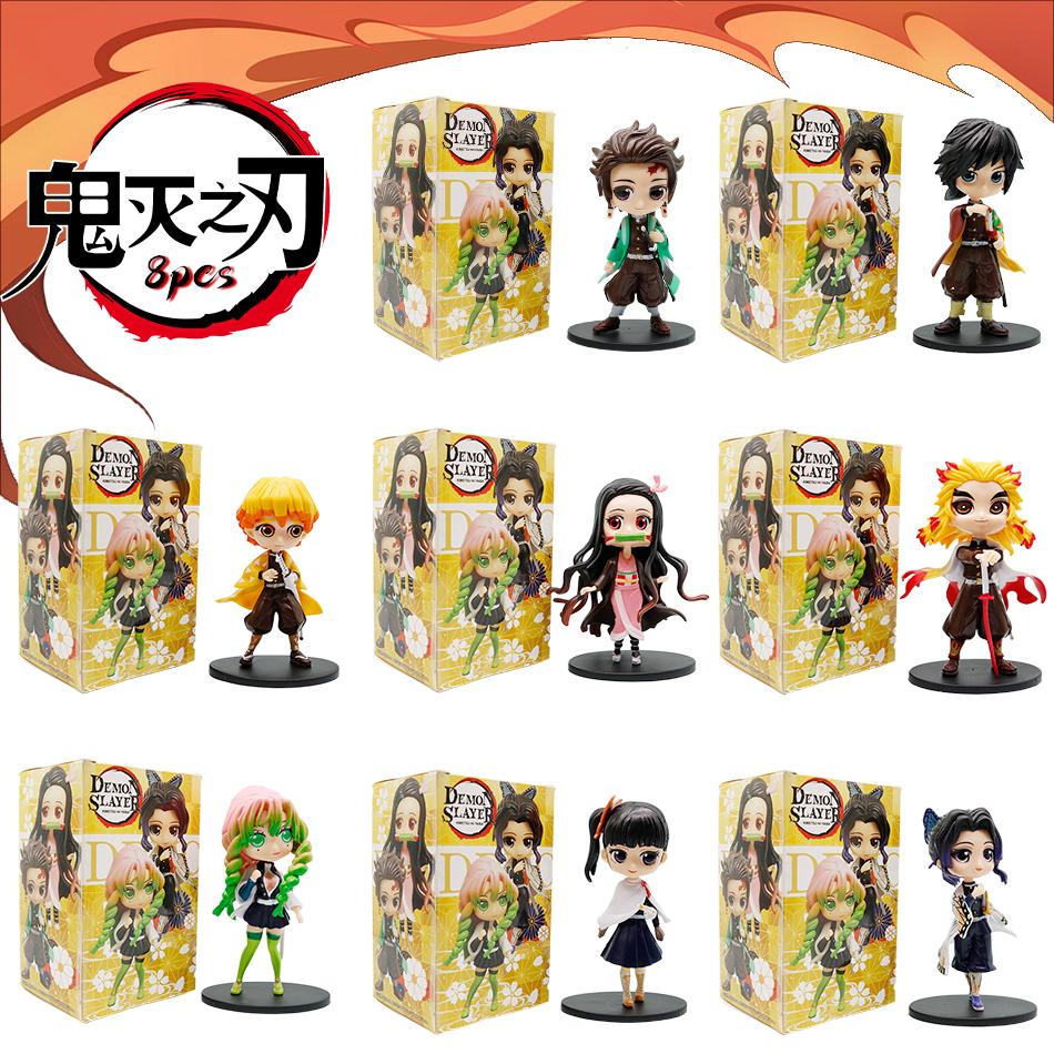 8Pcs Anime Demon Slayer Figure Doll Toy Nezuko Tanjirou Zenitsu Inosuke Kyoujurou Shinobu Giyuu Q Version Model Toy Kids Gifts