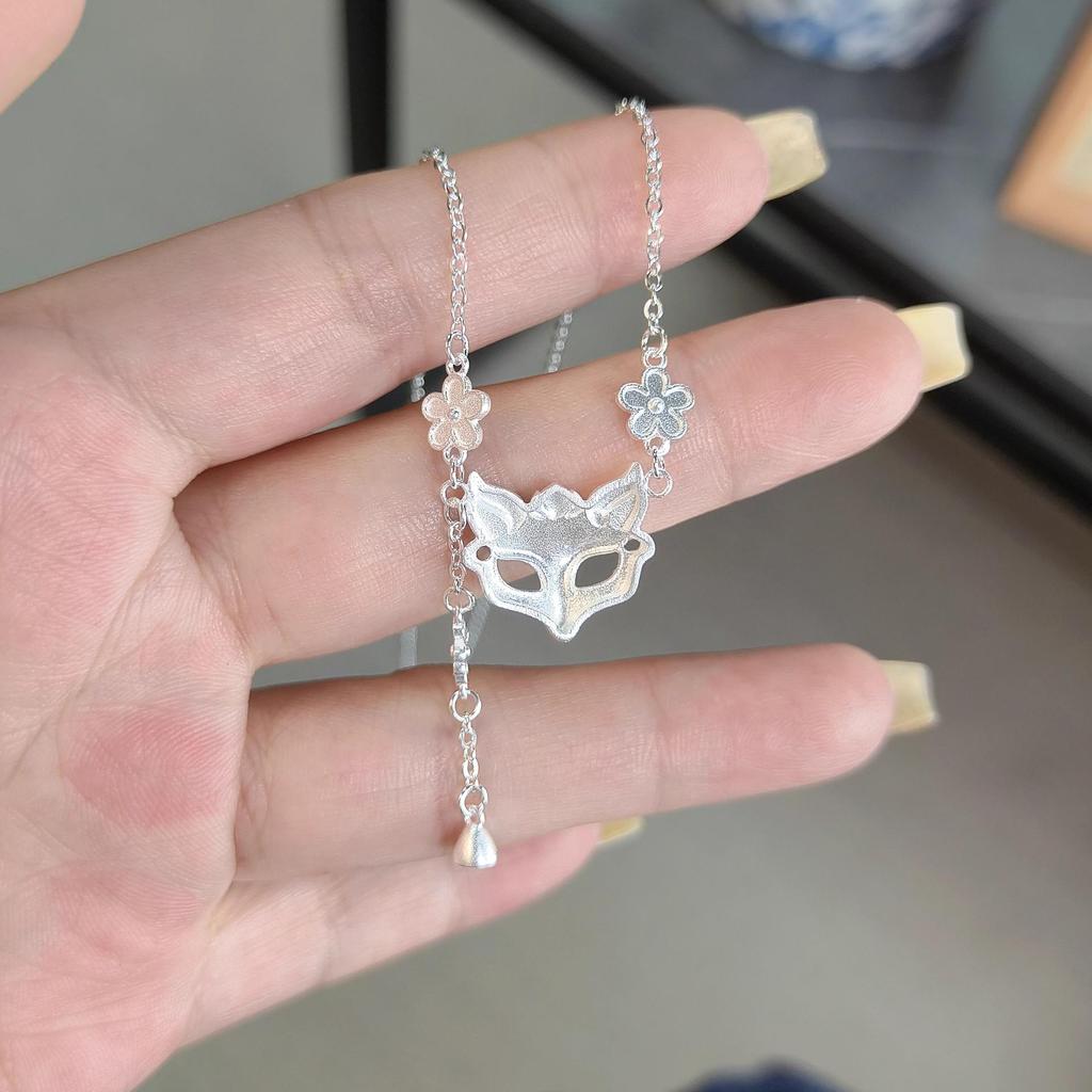 Sterling Silver Fox Mask Necklace with Gilded Flower Tassel - Chinese Style Jewelry, Perfect Birthday Gift for Women