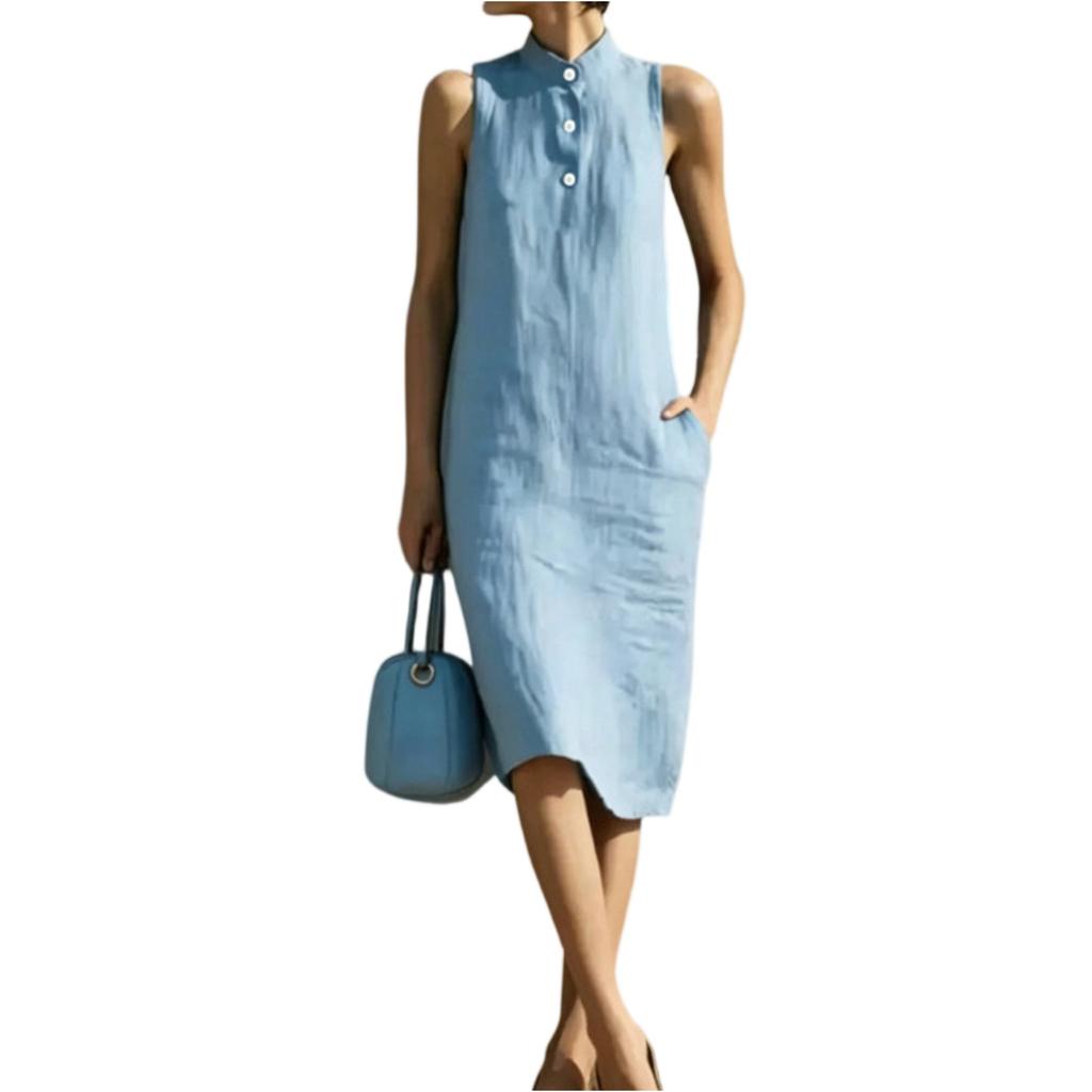 Sleeveless Loose Fit Summer Dress Midi Length Button Front Stand Collar Casual Lightweight Dress for Women