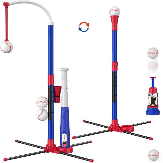 3-in-1 Baseball Set for Kids 3-5 - Tee Ball Stand, Hanging Tee, Ball Launcher and 6 Softballs - Adjustable Height, Indoor/Outdoor Sport Gifts for