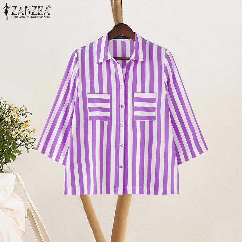 ZANZEA Women Turn Down Collar Summer Loose Casual 3/4 Sleeve Stripe Blouse