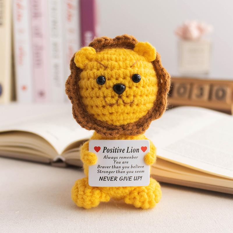Positive Crochet Lion Doll with Card Home Room Decor Handmade Knitting Emotional Support Lion Animal Ornament Christmas Gift