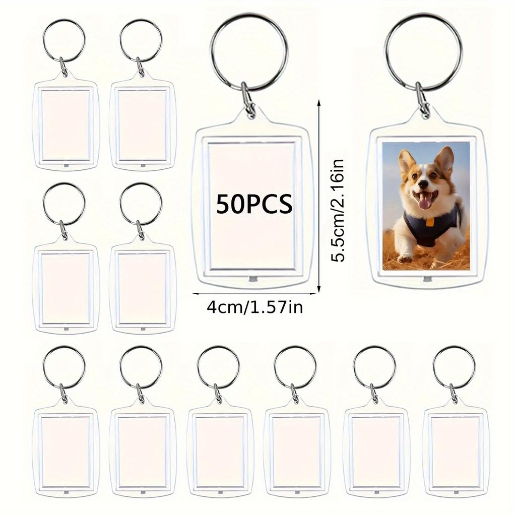 50/100pcs Clear Acrylic Photo Frame Keychains DIY 2D Picture Holders Frame Keychain Kit with Silvery Ring for Backpacks Car Keys