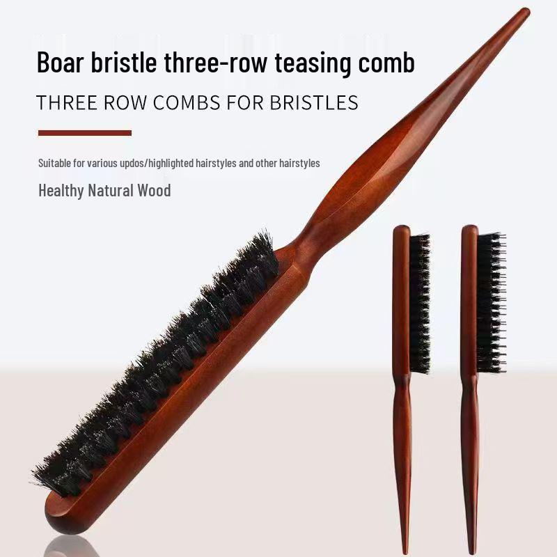 Triple Row Pig Bristle Hairdressing Comb with Pointed Tail and Nylon Teeth